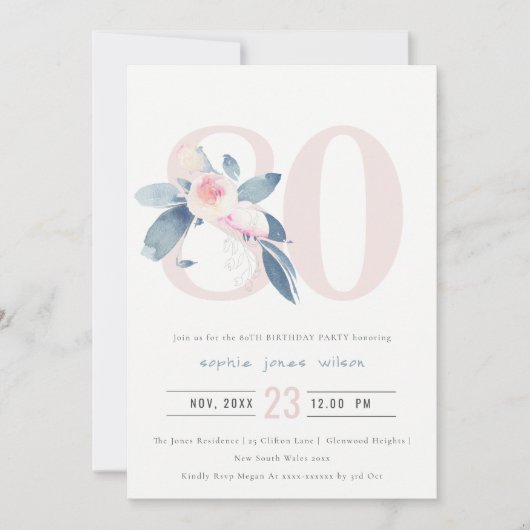 SOFT AQUA BLUSH BLUE FLORAL 80 TH ELKE OUDERDAG KAART (Voorkant)