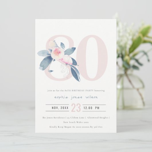 SOFT AQUA BLUSH BLUE FLORAL 80 TH ELKE OUDERDAG KAART (Staand voorkant)