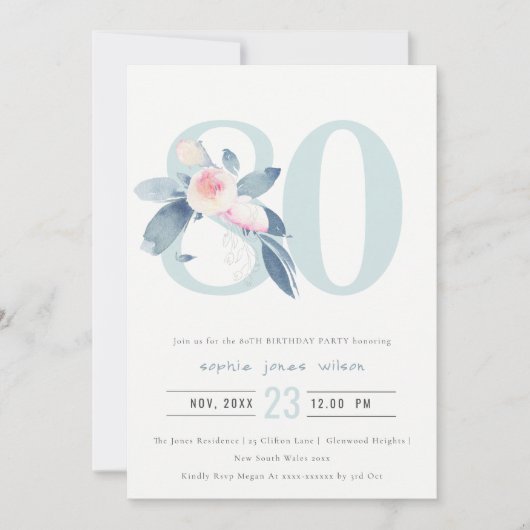 SOFT AQUA BLUSH BLUE FLORAL 80 TH ELKE OUDERDAG KAART (Voorkant)