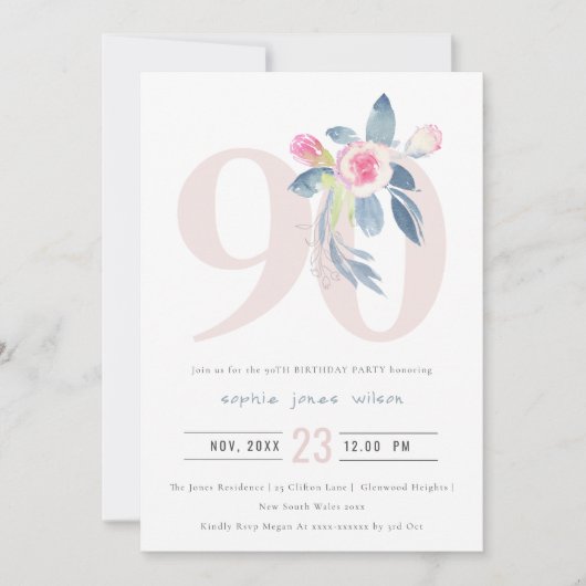 SOFT AQUA BLUSH BLUE FLORAL 90 TH ELKE LEEFTIJD BI KAART (Voorkant)