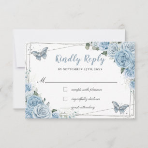 Soft Baby Blue Floral Rozen Quinceañera Butterfly RSVP Kaartje