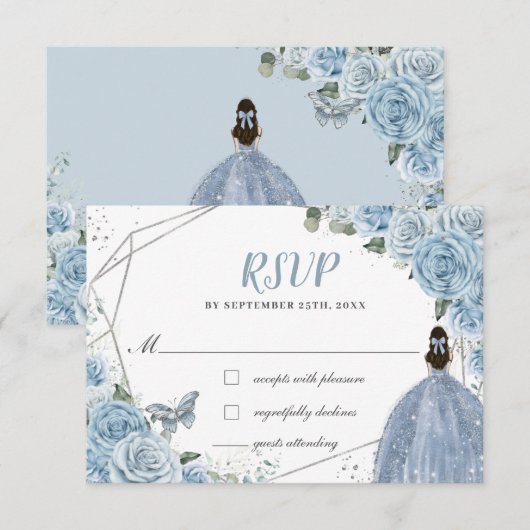 Soft Baby Blue Floral Rozen Quinceañera Princess RSVP Kaartje (Voorkant / Achterkant)