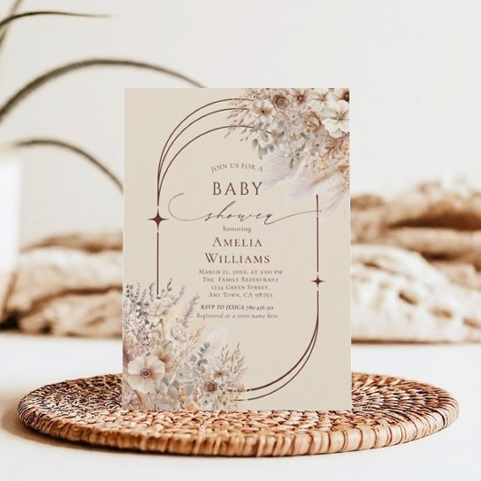Soft Beige Boho Elegant Bloemenboog Baby shower in Kaart
