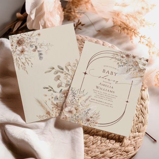 Soft Beige Boho Elegant Bloemenboog Baby shower in Kaart