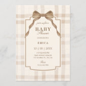 Soft beige brown bow tartan plaid baby shower kaart (Voorkant)
