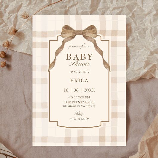 Soft beige brown bow tartan plaid baby shower kaart
