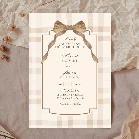 Soft beige brown bow tartan plaid wedding kaart