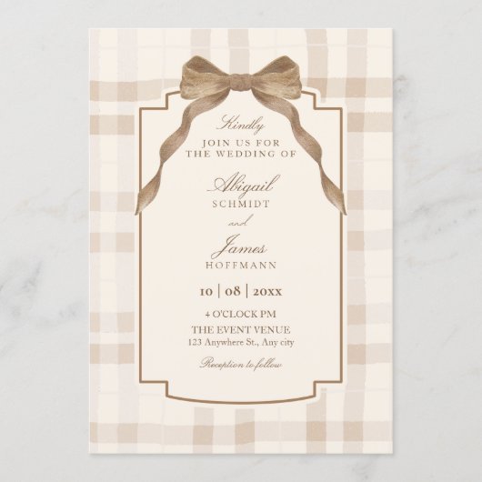 Soft beige brown bow tartan plaid wedding kaart (Voorkant)
