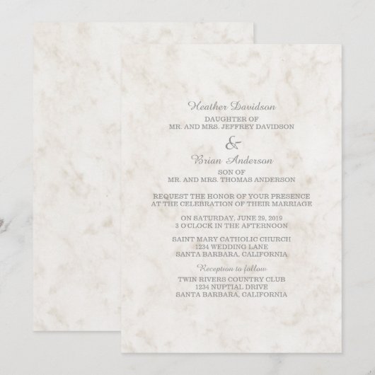 Soft Beige Elegant Marble Wedding Invite Kaart (Voorkant / Achterkant)