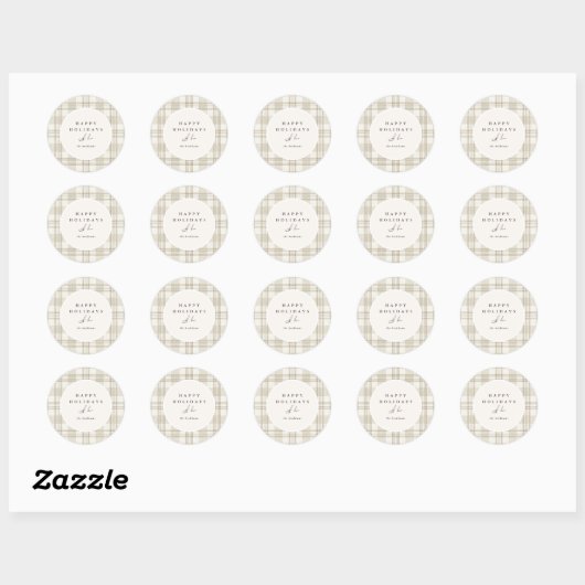 Soft Beige Gingham Happy Holidays Ronde Sticker (Vel)