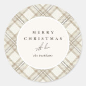 Soft Beige Gingham Merry Christmas Ronde Sticker (Voorkant)