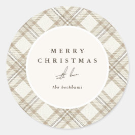 Soft Beige Gingham Merry Christmas Ronde Sticker