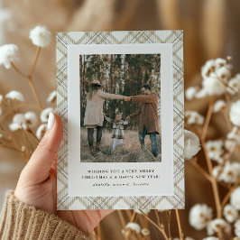 Soft Beige Gingham Photo Holiday Card Feestdagenkaart