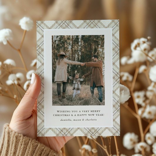 Soft Beige Gingham Photo Holiday Card Feestdagenkaart