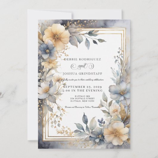 Soft Beige & Gray Floral Frame Wedding Invitation  Kaart (Voorkant)