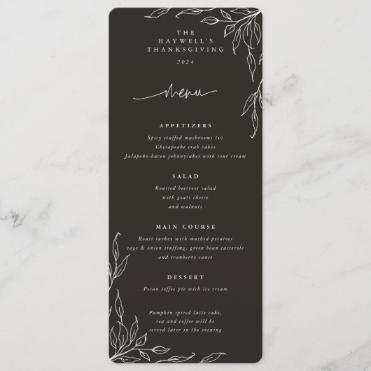 Soft Black Leaf Motif Thanksgiving Flat 4 Course Menu (Voorkant)