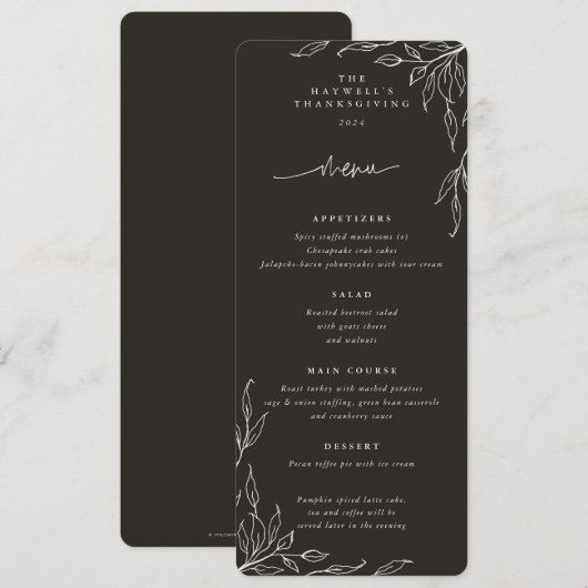 Soft Black Leaf Motif Thanksgiving Flat 4 Course Menu (Voorkant / Achterkant)