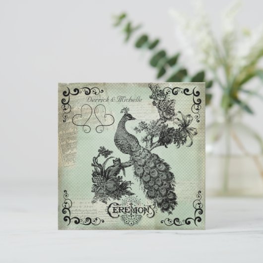 Soft Blauwgroen Crosshatch Peacock Wedding Invitat Kaart (Staand voorkant)