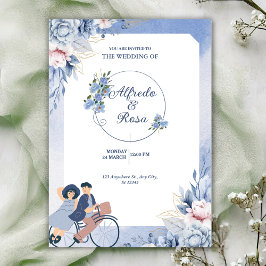 Soft Blue and White Floral Illustrative Wedding Kaart