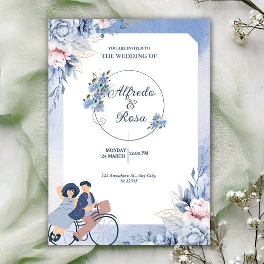 Soft Blue and White Floral Illustrative Wedding  Kaart