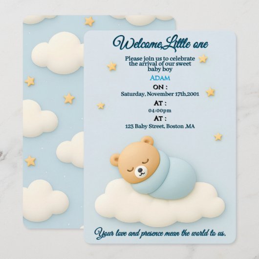 Soft Blue Baby shower Invitation Boy Kaart (Voorkant / Achterkant)