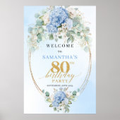 Soft Blue Boho Gold Hydrangeas 80 birthday welcome Poster (Voorkant)