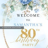 Soft Blue Boho Gold Hydrangeas 80 birthday welcome Poster