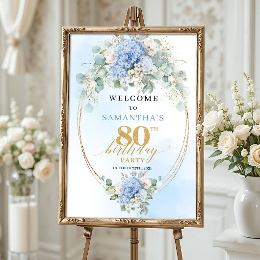 Soft Blue Boho Gold Hydrangeas 80 birthday welcome Poster