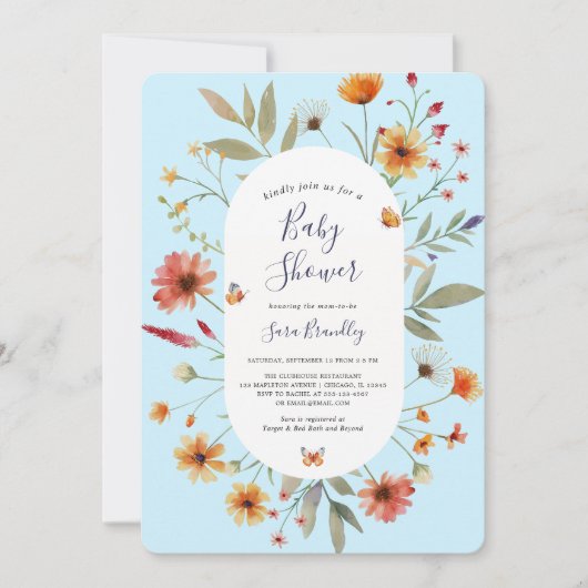 Soft Blue Boho Waterverf Wildflower Baby shower Kaart (Voorkant)