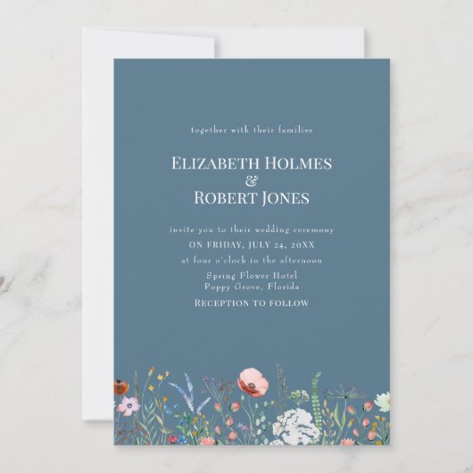 Soft Blue Boho Wildflowers Wedding Uitnodigen Kaart (Voorkant)