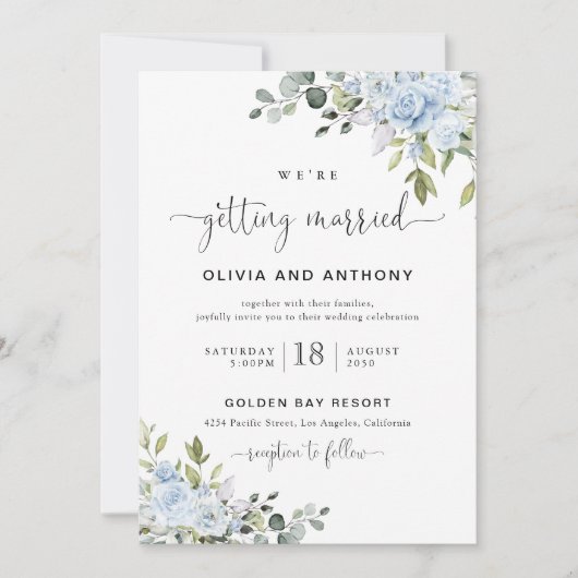 Soft Blue Botanical Wedding Invitation Kaart (Voorkant)