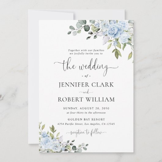 Soft Blue Botanical Wedding Invitation Kaart (Voorkant)