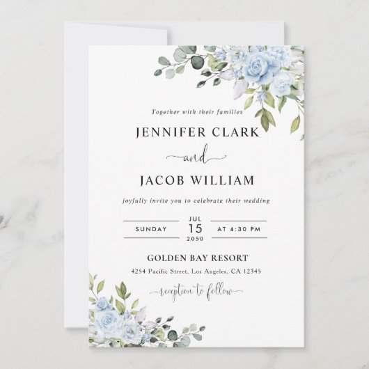 Soft Blue Botanical Wedding Invitation Kaart (Voorkant)