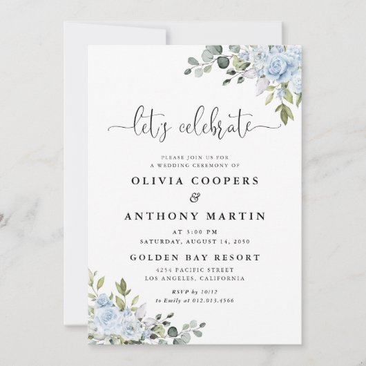 Soft Blue Botanical Wedding Invitation Kaart (Voorkant)