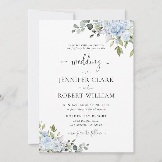 Soft Blue Botanical Wedding Invitation Kaart (Voorkant)
