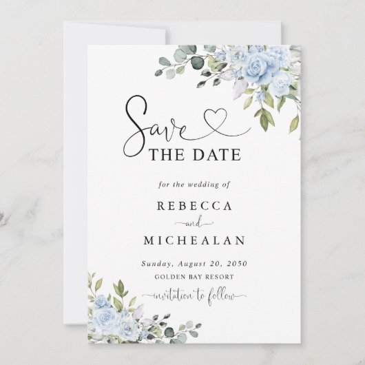 Soft Blue Botanical Wedding Save The Date Kaart (Voorkant)