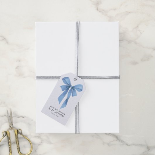 Soft Blue Bow Boy Baby Shower Cadeaulabel (Met Touw)