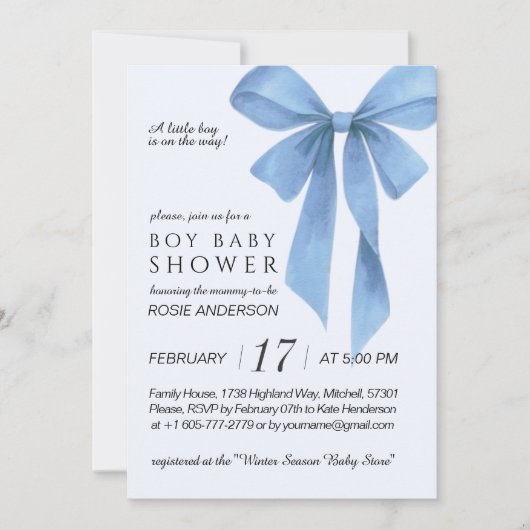 Soft Blue Bow Boy Baby Shower Kaart (Voorkant)