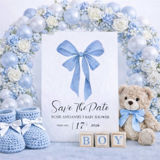 Soft Blue Bow Boy Baby Shower Save The Date