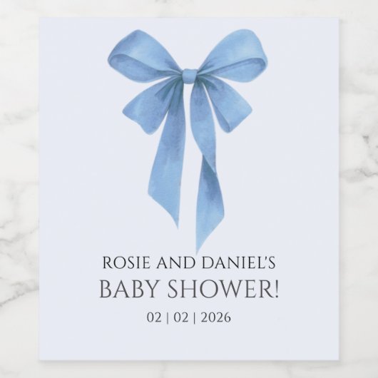 Soft Blue Bow Boy Baby Shower Wijn Etiket (Enkel label)