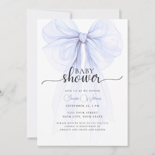 Soft Blue Bow Minimal Baby shower Invitation Kaart (Voorkant)