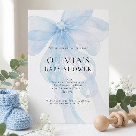 Soft Blue Bow Text Overlay Baby Shower Kaart