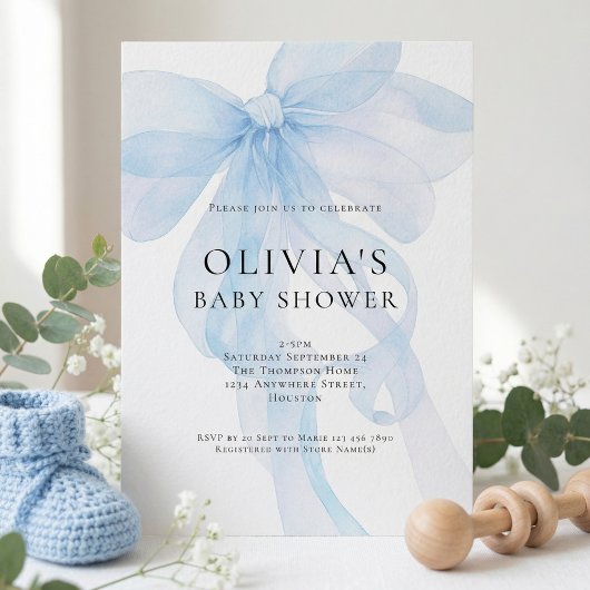 Soft Blue Bow Text Overlay Baby Shower Kaart