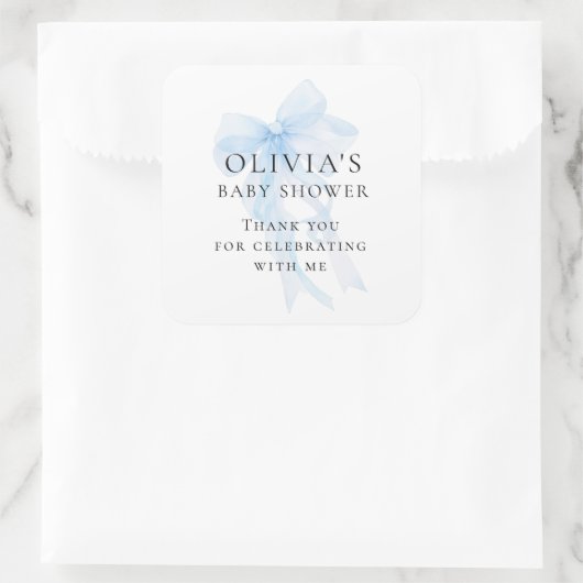 Soft Blue Bow Text Thank You Baby Shower Vierkante Sticker (Tas)