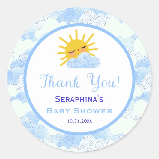 Soft Blue Cloudy Sky Baby shower Hartelijk dank Ronde Sticker (Voorkant)
