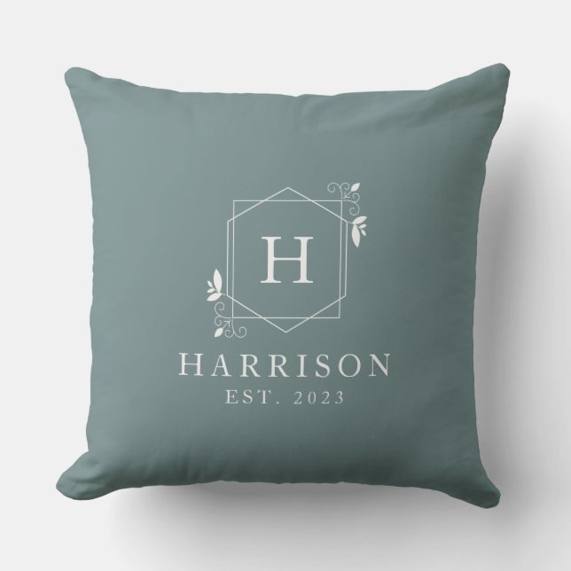 Soft Blue Custom Modern Rustiek Monogram Initiaal Kussen (Voorkant)