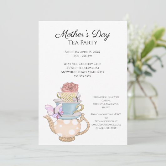 Soft Blue Custom Moederdag Tea Party Invitation Kaart (Staand voorkant)