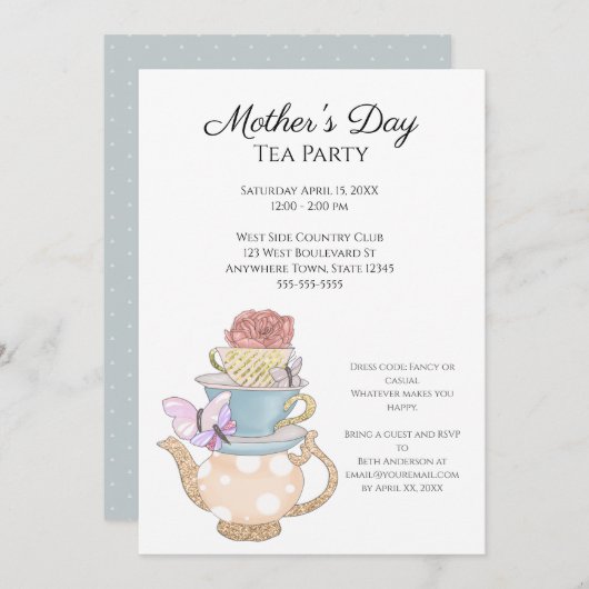 Soft Blue Custom Moederdag Tea Party Invitation Kaart (Voorkant / Achterkant)