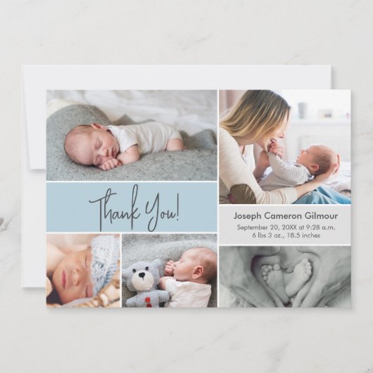 Soft blue Custom Photo Collage Baby Boy Birth Bedankkaart (Voorkant)