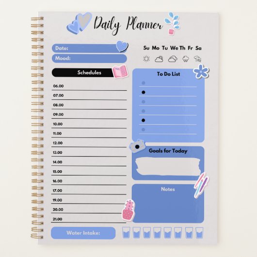 Soft Blue Daily Planner with Mood & Water Track (Voorkant)